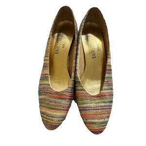 Vintage 90s Rainbow Striped  Easy Street Multicolor Gold Flats‎